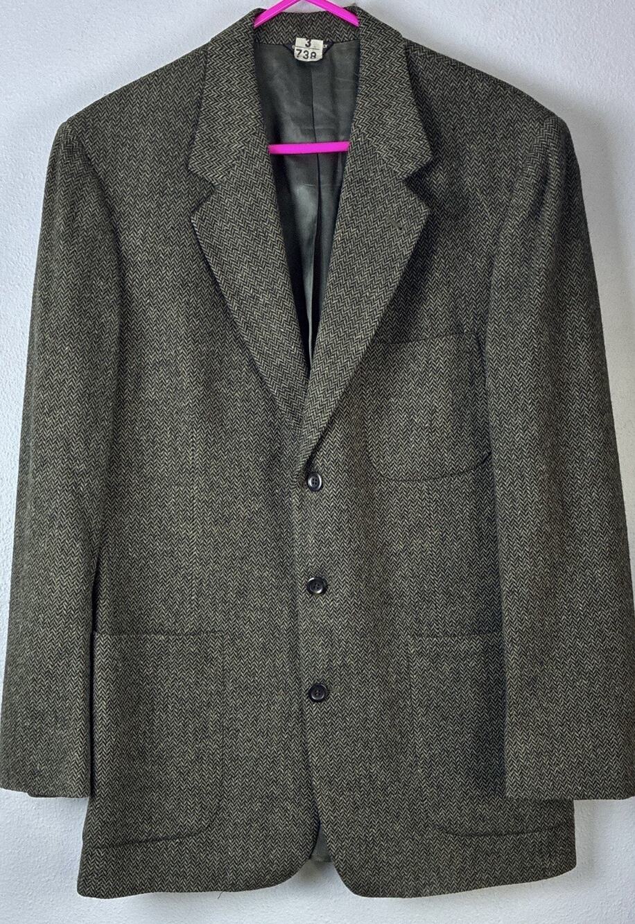 Vintage Bill Blass Menswear 100% Wool Lined Brown Herringbone Pockets Jacket 40R